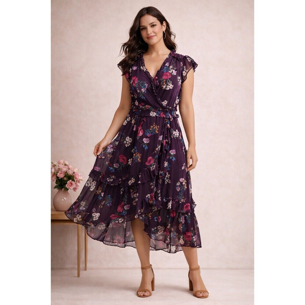 Calvin Klein Purple Floral Ruffled MIDI Dress SZ 12 Sheer Easter Church Wedding